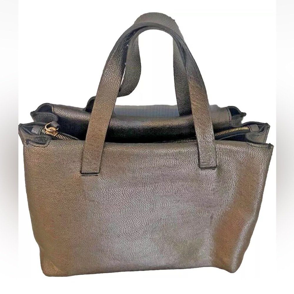 LIA NUMA Italian Leather Pebble Grain Metallic Pewter Gray Satchel Crossbody Bag